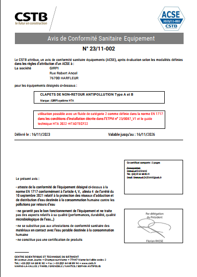 CSTB Clapets de non retour antipollution HTA