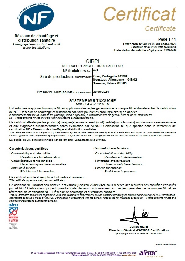 Certificat NF545 Sytème multicouche 49.01.03