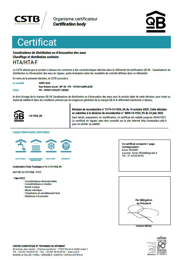 Certificat QB 08 HTA/HTA-F site Cholet