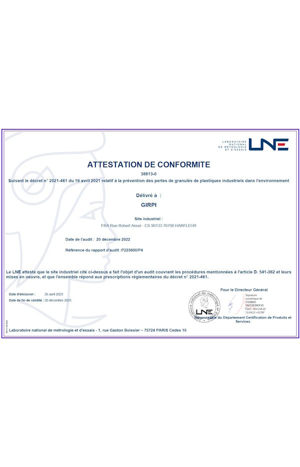 Attestation de conformité LNE GIRPI