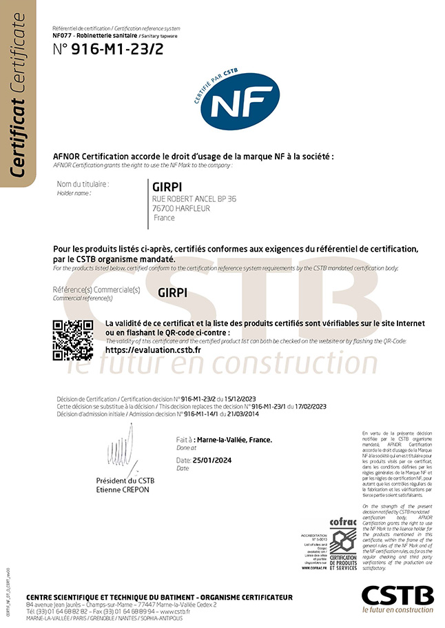 Lire la suite à propos de l’article Certificat NF 077 n° 916-M1