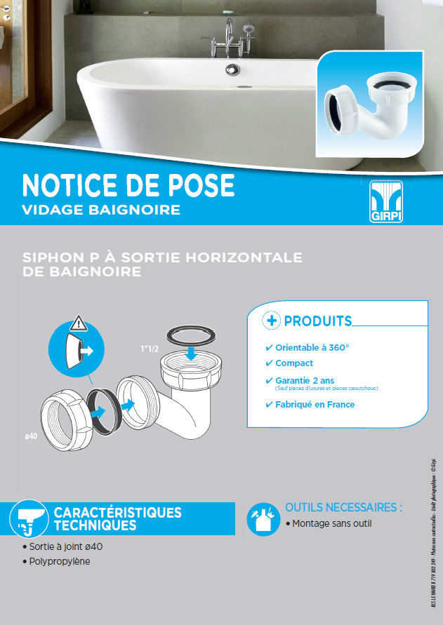 Siphon de baignoire horizontal - qualité professionnelle